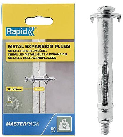 RAPID - Chevilles à Expansion en Métal pour Cloison en Plâtre de 16 à 26 mm, Lot de 50 Chevilles, Charge Maximale 25 kg, Chevilles pour Plâtre & Aggloméré (5001561)