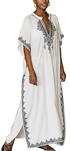 YOUKD Brodé Floral Loose Caftan Boho Couverture de Bikini de Plage Robe Plus Robe pour Femme