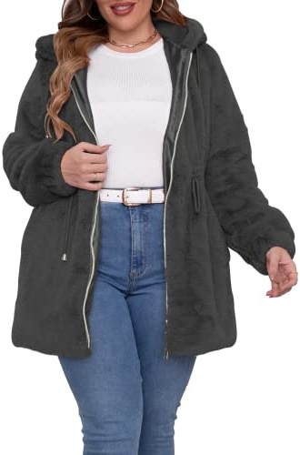 Geschallino Taglie Forti Cappotto da Donna in Pelliccia Sintetica Lungo con Cappuccio Giacca Sherpa Giacca Invernale 2135Plus Grigio XL