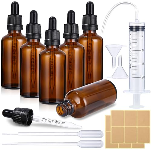 Huifoo 6 st. brunt glas pipettflaskor 50 ml med tratt och etiketter | Mörkt glas skyddar innehållet från ljus, perfekt för eteriska oljor, kemikalier och laboratorieapplikationer