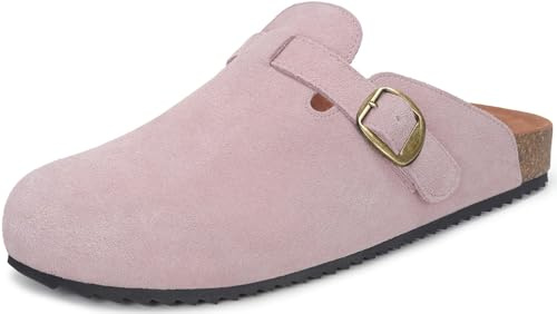 Damen Hausschuhe mit Weiches Fußbett Leder Clogs Geschlossene Pantoletten Gartenschuhe Bequeme Sommer Sandalen Latschen Pink 42