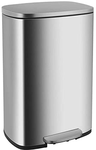 BestOffice 50 L Garbage Can Kitchen Trash Can with Lid for Office Bedroom Bathroom Step Trash Bin Fingerprint-Proof Brushed Stainless Steel,Silver