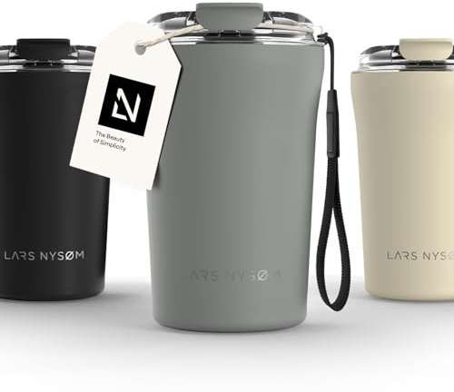 LARS NYSØM Thermo Kaffeebecher to go mit Trageschlaufe & Tritan Deckel | Travel Mug 0,38 Liter mit Isolierung | Auslaufsicherer Edelstahl Thermobecher für Café & Tee (Ash Gray, 380ml)