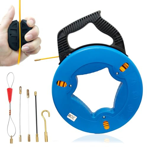30m Fish Tape Fiberglass Fish Tape in Reel 4.0mm Non-Conductive Wire Cable Puller Electrician Tools for Pulling Wire and Cable with 5 Adapters Optimized Housing and Handle