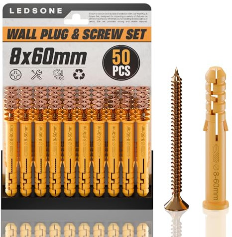 LEDSone Lot de 50 vis et chevilles (50 vis de maçonnerie, 50 boulons d'ancrage à expansion), chevilles et 10 mm x 100 mm, pour briques, béton (8mm*60mm)