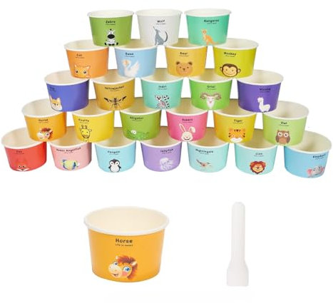 Yanghad Papier Einweg Eisschalen eisdiele eisbecher mit 25 Tierfiguren und Buchstaben, 25PCS Paper Dessertbecher 6 oz 180 ml mit 25 löffel
