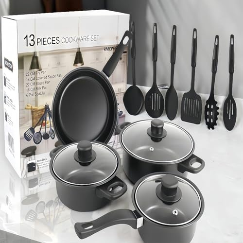 Pots and Pans Set Non Stick, 13PCS Cookware Sets, Nonstick Pots and Spatulas Kitchen Cookware Set, Frying Pan Soup Pot with Anti Scald Handle Stackable Cookware Camping Set for All Stoves