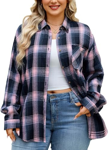 Pink Plaid Shirt for Women Plus Size Long Sleeve Button Down Flannel Shirts Orange Casual Roll Up Checkered Clothing Oversize Blouse Fall Tops 3XL