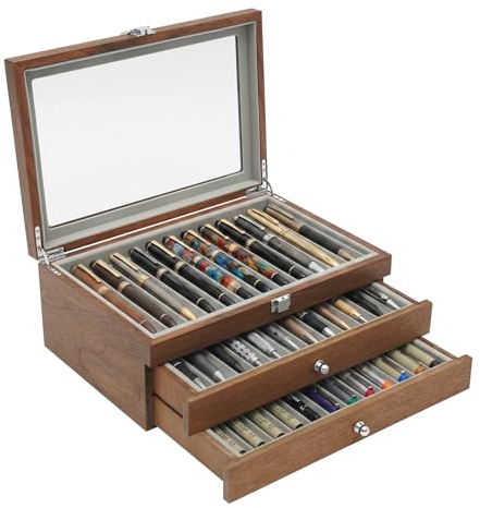 Fridgestea 34 Slots Walnut Wood Fountain Pen Display Case | Wooden Pen Storage Box with Glass Lid, 3-Tier Organiser for Desk, Velvet Lined to Prevent Scratches, for Study or Living Room