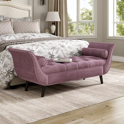 Merax Upholstered Velvet Bench, End of Bed Bench with 2 Pillows, Button Tufted Ottoman, Footstool with Rolled Arms, Foot Rest with Solid Wood Legs for Entryway, Living Room, Dining Room, Purple