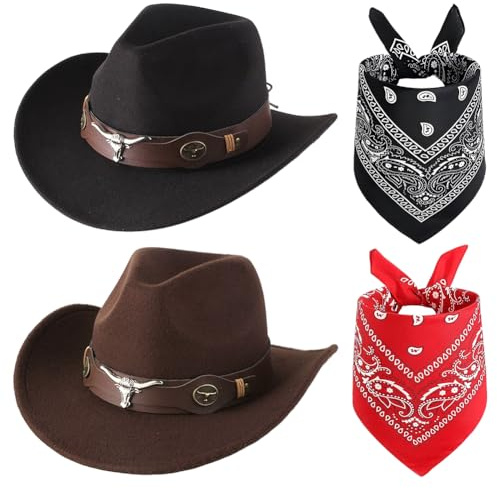 FCXVXCL Chapeau Western 4 Pièces Chapeau De Cowboy Bandanas Avec Accessoires Uniques Tête De Taureau Large Bord Bonnets Casquettes Protection Solaire D'extérieur