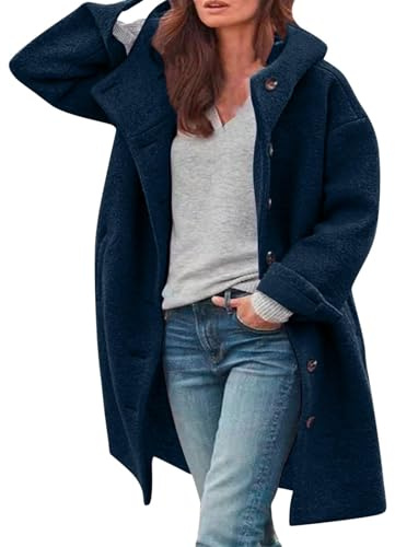 Generisk damvinterkappa av ull, en rad, lång trenchcoat med huva, lång vinterjacka för kvinnor, blå, XL