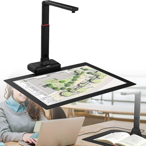 Bokskanner, justerbar höjd, maximalt skanningsområde 420 x 297 mm, 90° hopfällbar förvaring, inbyggd lampa för manuskript, tidningar, kartor