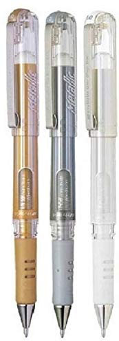 Pentel farblich sortiert, Hybrid Gel Grip DX Metallic-Gelschreiber, Breite 1 mm Spitze, 0,5 mm Strichbreite Geltinte K230 WO Farben - 3 Stück-in weiß, Gold, Metallic und Silber Metallic