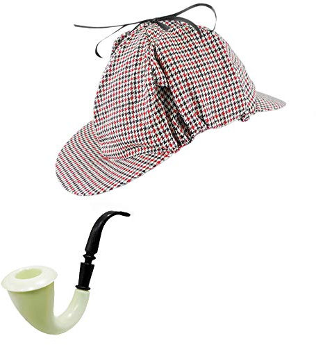 Klassischer Detektiv Hahnentritt Deerstalker Kostüm Hut Rot & Schwarz mit Kostümpfeife