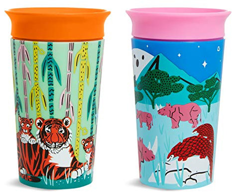 Munchkin 2 Pack WildLove Miracle 360 Cup | BPA Free Rhino/Tiger Toddler Sippy Cup | 9oz/266ml