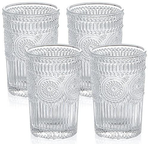 Skelang Vaso de agua, vasos vintage, cristalería romántica en relieve, vasos de vidrio para jugo, bebidas, cóctel, capacidad de 370 ml, juego de 4