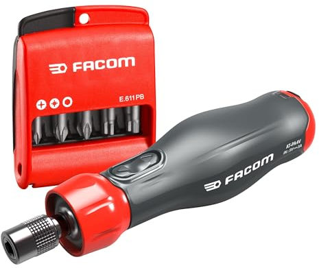 FACOM Tournevis Assisté 4V E-PROTWIST avec Embouts PH-PZ-6 Pans Torx - Jeu de 12 Pièces - ATPA4V.J12APB, Noir / Rouge