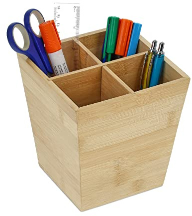 Relaxdays Stiftehalter, Stifteorganizer mit 4 Fächern, Schreibtisch, HBT: 15,5 x 14,5 x 14,5 cm, Bambus Stiftebox, Natur