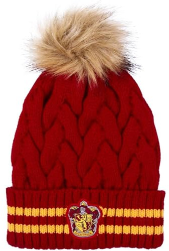 Gorro Tricot de Harry Potter - Color Rojo y Amarillo - Talla Única para Adultos - Gorro con Pompón y Escudo de la Casa Gryffindor - Producto Original Diseñado en España