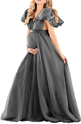 WSEYU Lencería de gasa para novia, vestido de maternidad para sesión de fotos con cuello en V, vestido de baby shower para embarazadas, gris, 44
