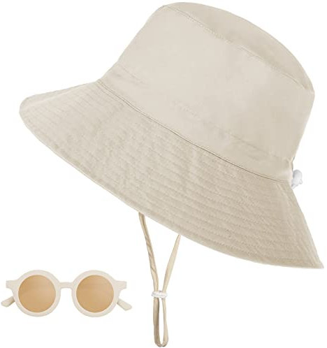 Sonnenhut Kinder UV-Schutz UPF 50+, Breiter Krempe Nackenschutz Fischerhut Baby mit Sonnenbrille, Atmungsaktiv Bucket Hat mit Verstellbarem Kinnriemen, Strandhut für Junge, Mädchen, 2-6 Jahre