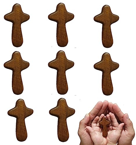 EAEDMY 8 Pieces Small Wooden Crosses for Pocket, Portable Pine Hand Held Cross Craft, Jesus Cross Prayer Cross for Religious Occasion or Communion, 2.44in (8pcs brown)