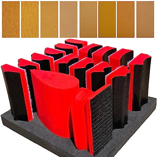 Tockrop 16 PCS 4 Red Hand Sanding Block Kit + 40 PCS Sander Paper Set - Contoured Profile Soft and Durable Foam Material Interchangeable Assorted Convex & Concave Shapes for Woodworking Furniture