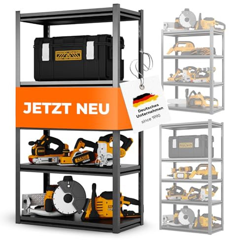 STEELmania Metallregal mit Metallböden - schneller Aufbau [SCHIMMELFREI & Ultra stabil] Schwerlastregal schwarz mit fünf Böden - Lagerregal Keller-Regal-Metall I Jetzt Regal wählen I Shelf 160x86x45