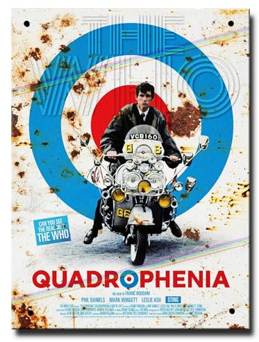 Quadrophenia The Movie Classic Film Metal Poster Sign featuring The Who, Vespa Mod Gift for Man Cave Scooter Memorabilia Artwork Union Jack Colours Merchandise