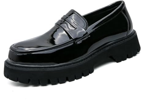 Men's Leather Platform Chunky Slip-On Penny Loafers Classic Round Toe Lug Sole Business Casual Formal Work Shoes (Bright Black,11)