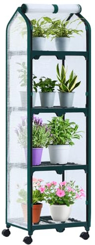 Ohuhu Gewächshaus klein Premium Foliengewächshaus mit Verriegelungsräder, Folien Treibhaus mit 4 Regalen Anzuchthaus Treibhaus Platzsparend Frühbeet für Balkon Garten 41x33x132 cm Weiß