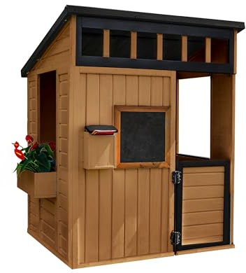 Backyard Discovery Caraway Cottage Cedar Wooden Kids Playhouse with Play Kitchen, Chalkboard, Mailbox, Half Door, Windows, Flower Box, Modern Farmhouse Design for Outdoor Imaginative Play