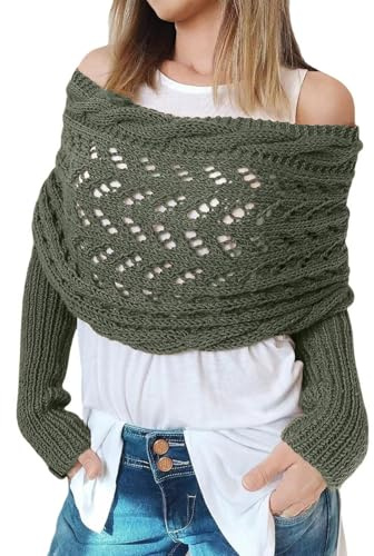 CCAIPU Scarf with Sleeves for Women, Winter Soft Shawls and Wraps with Sleeves, Knitted Cable Wrap Hollow Lengthening Double Sleeve Shawl Scarf