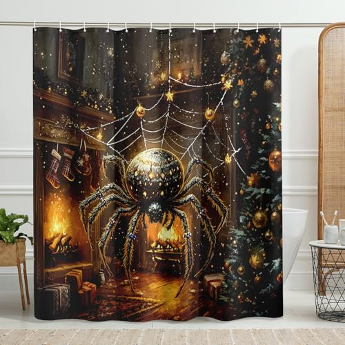 Tenda da doccia con ragno scintillante, decorazione da bagno con ragno nero, per Halloween, vacanze autunnali, moderna, in tessuto impermeabile, con ganci, 152 x 183 cm