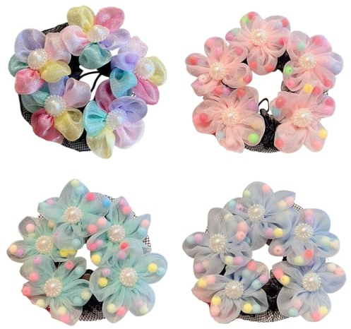 Set di 4 accessori per bambini: retina per capelli da danza classica con perline, retina elastica per capelli da danza classica e set di chignon in tessuto con fiori.