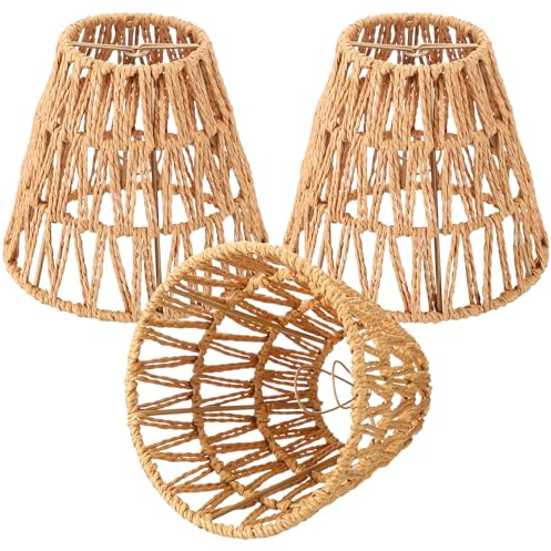 Tujoe Small Rattan Bell Lamp Shade Boho Handwoven Barrel Rattan Chandelier Shades Replacement for Table Floor Lamp Pendant Light Fixtures, 5.5 H x 5.9 D, 2.76 Fitter(3 Pcs,Boho,Clip on)
