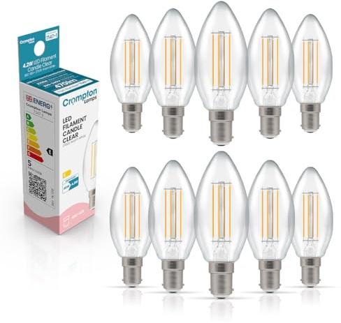 Crompton Lamps Filament Candle LED Light Bulb SBC-B15d | 4.2W = 40W Equivalent | Warm White 2700K | Energy Efficient | Small Bayonet Lightbulb | Long Life 10,000-Hrs | Clear Glass | Dimmable | 10-Pack