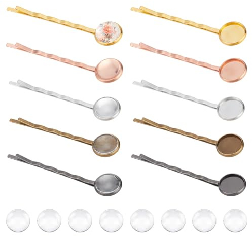 UNICRAFTALE 40 juegos de horquillas en forma de U de 5 colores, bandeja de bisel redondo, horquillas para el pelo en blanco, suministros de cabujones de cristal con cabujones de cristal de 12,5 mm