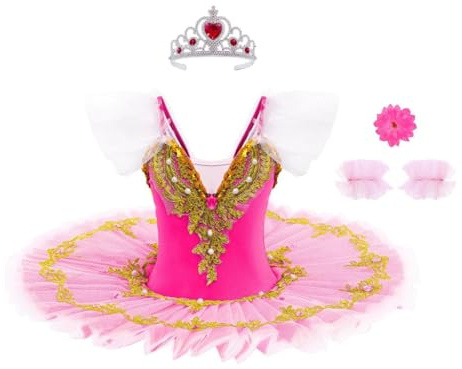 Lito Angels Abito tutù da Balletto per Bambina, Costume da Ballerina con Applicazioni Dorate e Strass, Perfetto per Spettacoli, Danza, Feste e Scuola, 5-6 Anni Taglia 116 Rosa Fucsia