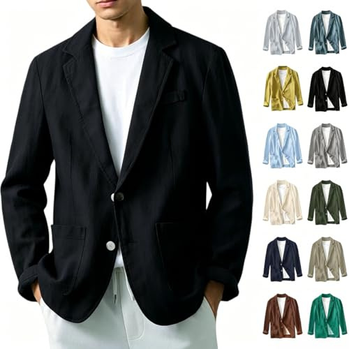 Blazer Hombre Verano Lino, Americana Hombre Casual Talla Grande Manga Larga Holgados Solapa Cazadora con Botones Color Sólido Moda Cómodo Blazer Lino Abrigo con Bolsillos para Uso Diario