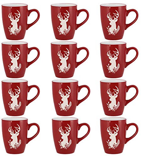 Set of 12 Red Festive Novelty Reindeer Dishwasher Microwave Safe Mugs - D8cm