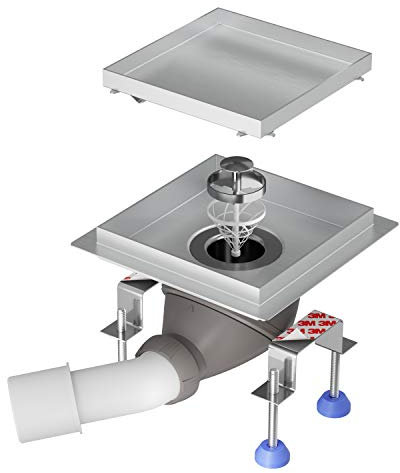 Scarico della doccia NORDONA® Point Basic in acciaio INOX | canali doccia piazza | Dimensioni 15x15 cm | Incluso inserto piastrellabile, colonna di scarico Wirquin 360°