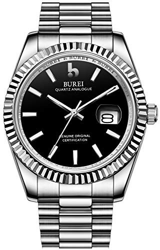 BUREI Luxus Herrenuhr Analog Quarzuhr Datumsanzeige mit Saphirglas Leuchtend und Edelstahlarmband (Schwarz Silber)
