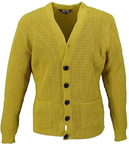 Relco Mens Waffle Knit Retro 60s Button Cardigan Mustard L