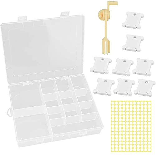 PERFETSELL 120 Stück Plastik Stickgarn Spulen Karten Weiß Plastic Floss Bobbins mit Kreuzstich Stickgarn Aufbewahrung Aufbewahrungsbox, Garnwickler und 165 Stück Leere Aufkleber für Basteln DIY Nähen