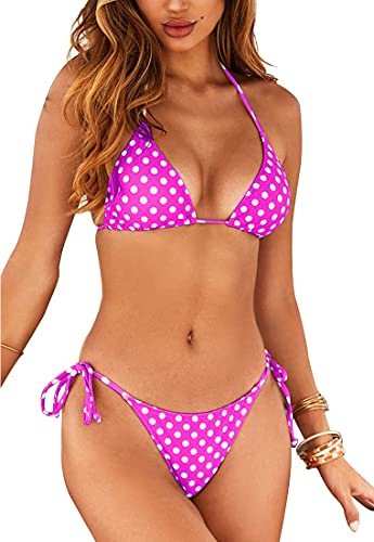 JFAN Femme Maillot de Bain 2 Pièces Triangle Bikini à Cordons Points Rayés Maillot Triangle Taille Basse Push Up Rembourré Bikini Swimwear Point Rose M