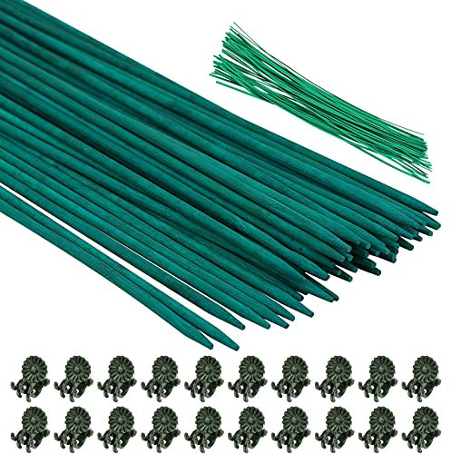 Hysagtek Bastoncini di Supporto per Piante 50pcs Bastoncini di Fiori Verdi in Legno 40 CM Stick di Bambù con 50 Fascette da Giardino & 20 Clip per Piante Stecche per Piante per Pomodori Orchidee Fiori