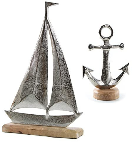 Logbuch-Verlag maritimes Deko Set aus Metall & Holz - Segelschiff 40 cm + Anker Figur Silber - Bad Dekoration