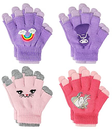 TAGVO Fäustlinge für Mädchen 4 Paare, Vollfinger Stretch Handschuhe, Bunte Strick Kinder Winter Warme Strickhandschuhe für Jungen oder Mädchen 5-13 Jahre